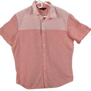 Banana Republic Shirt Mens Large Pink Striped Short Sleeve Linen Blend Beachy